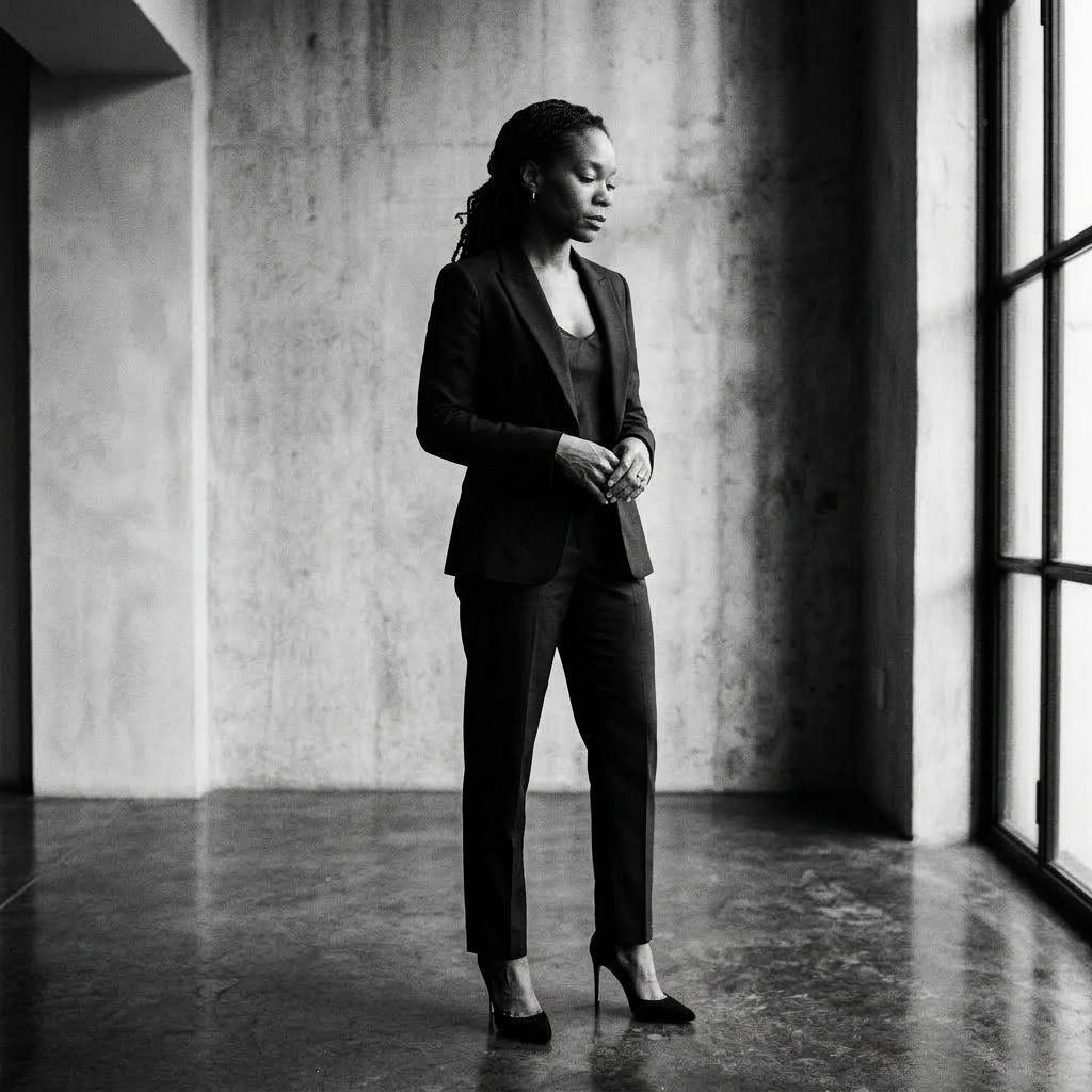 Black-and-white editorial portrait of a woman standing beside a large floor-to-ceiling window in a minimalist room, her gaze cast downward in quiet contemplation