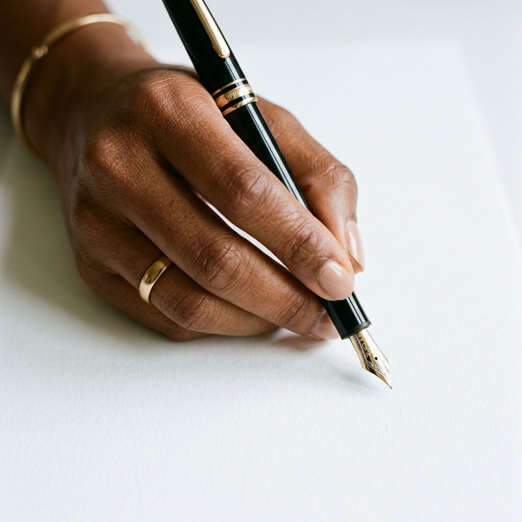 Close-up of a hand holding a black fountain pen with a gold nib poised above blank white paper in a clean minimal setting.