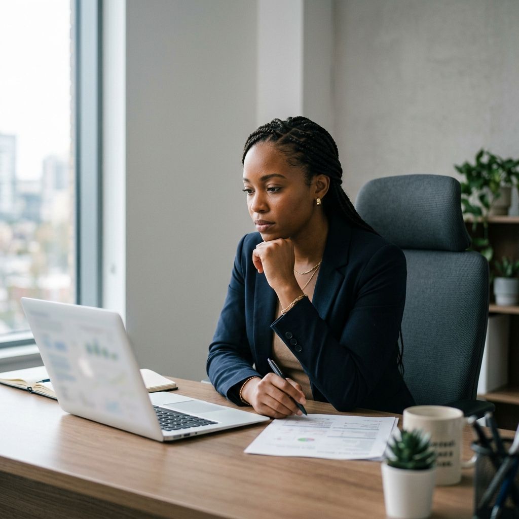A professional seated at a bright minimal desk, writing notes on printed paperwork beside an open laptop, with natural light from a window creating a calm focused environment.