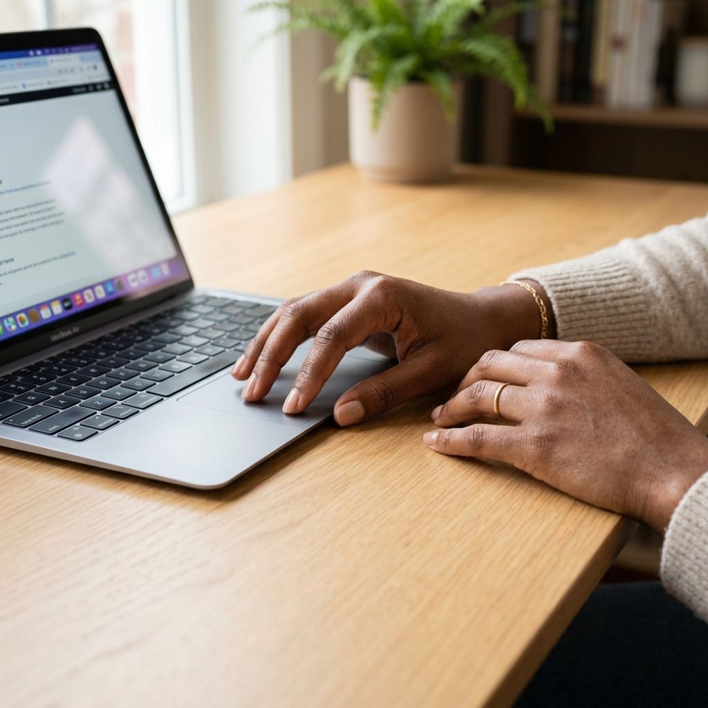 Close-up of a woman's hands resting on a MacBook Air trackpad and keyboard at a warm oak wooden desk. She wears a delicate gold chain bracelet and a gold band ring. A green potted fern and bookshelves are softly visible in the background near a bright window.