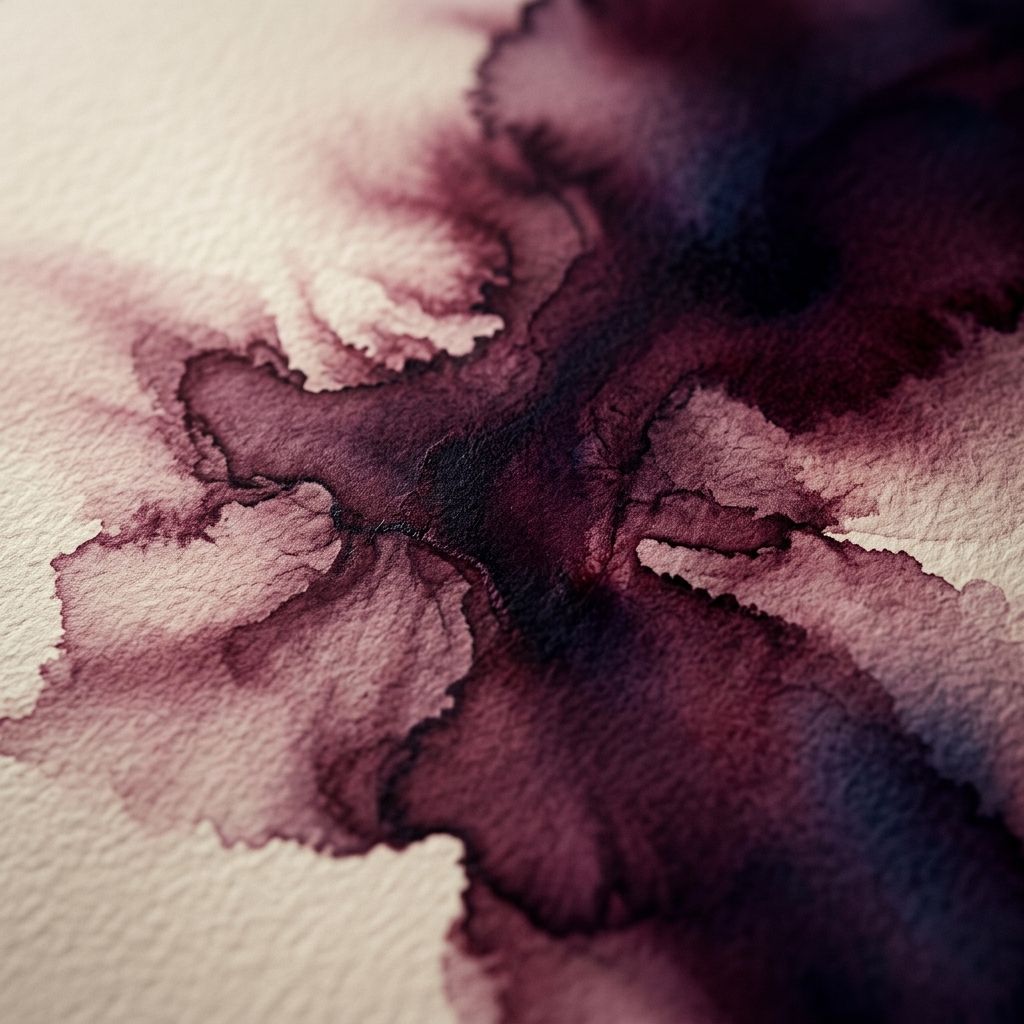 Extreme close-up macro photograph of deep burgundy and black ink bleeding across textured cream watercolor paper, forming organic abstract blooms and soft mauve gradient halos