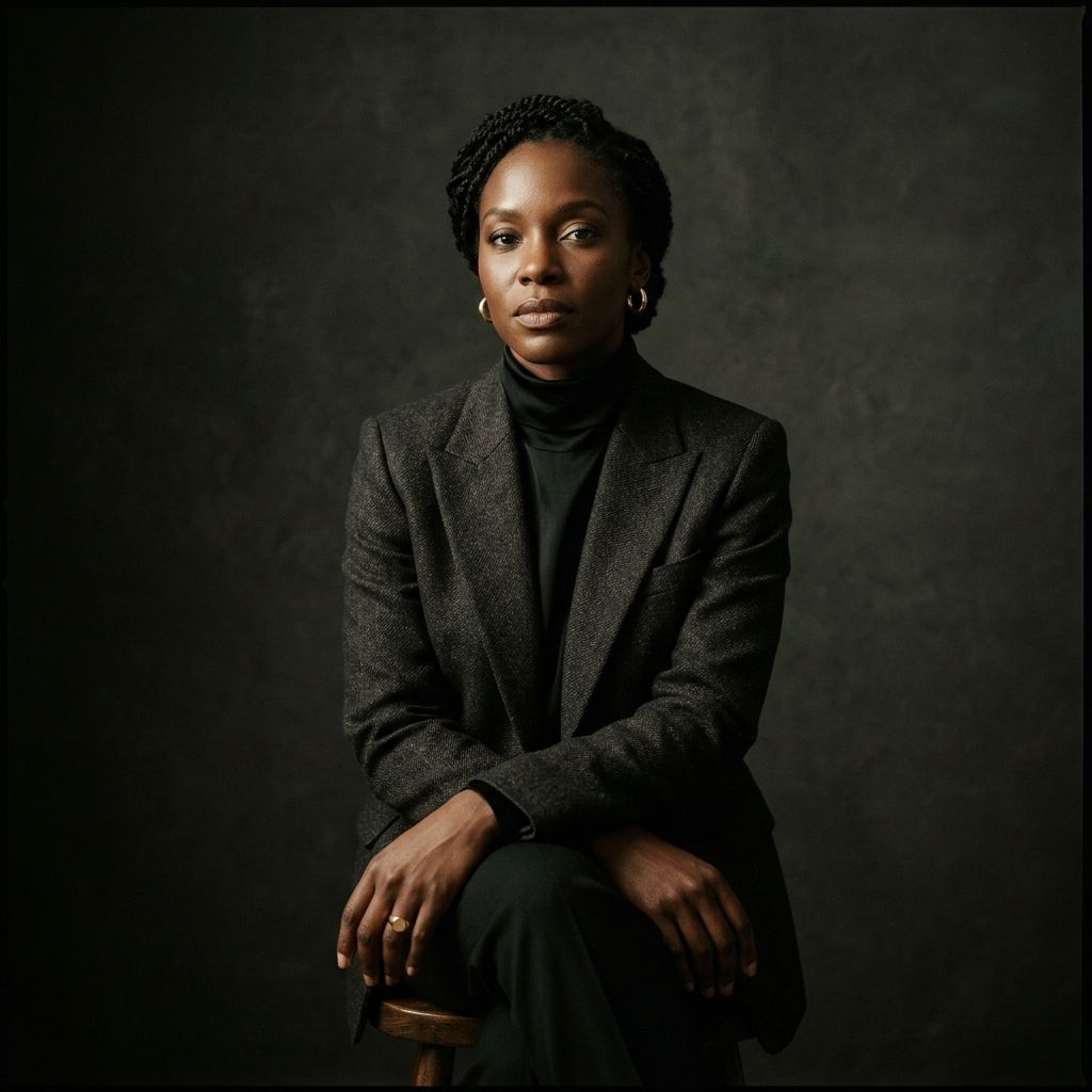 Formal studio portrait of a woman with braided hair pulled back, wearing a dark charcoal blazer over a black turtleneck and gold hoop earrings, seated on a wooden stool looking directly into the camera against a deep textured dark grey background.